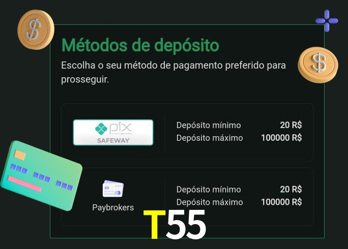 O cassino T55 oferece uma grande variedade de métodos de pagamento